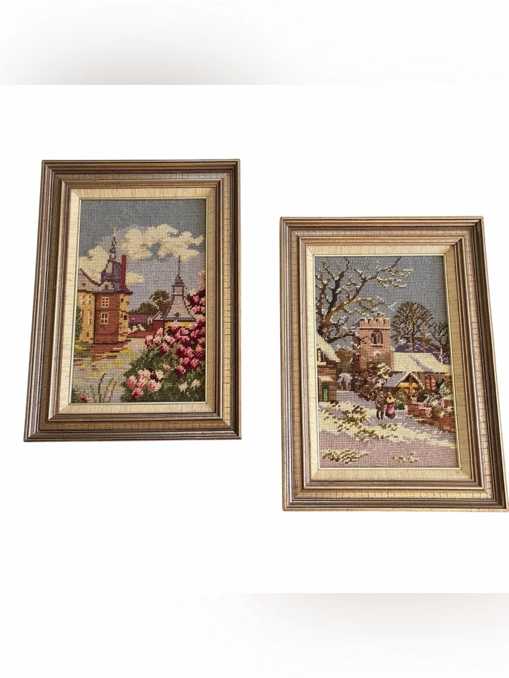 Vtg Handcrafted Needlepoint Tapestry Scenic Snow Village Renaissance Gold Frame